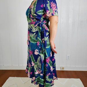 Shein Navy Tropical Print Wrap Dress
